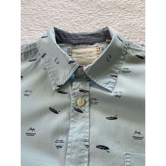 American Threads Men's L Blue Graphic Print Canoes Mountains Button-Up Shirt​ - Picture 5 of 12